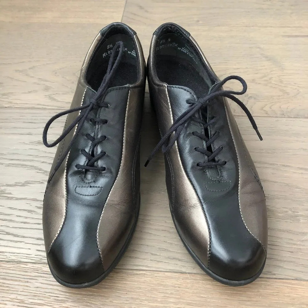 Munro American Sport Lace Up 2 Tone Leather Shoes Blk Metallic Bronze Sz 8.5 N